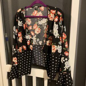 SHEIN Plus floral & polka dot print flounce sleeve open front blouse